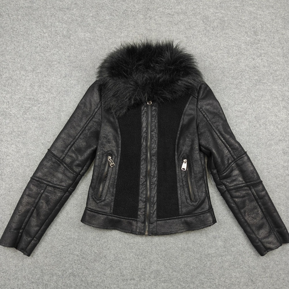 Via Spiga Jacket Womens XS Black Faux Shearling Fur Collar Moto Biker Zip Lined